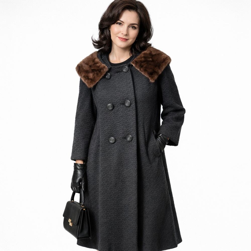 1980s Vintage Black Wool Coat With Brown Fur Collar Women's Small Trenchcoat